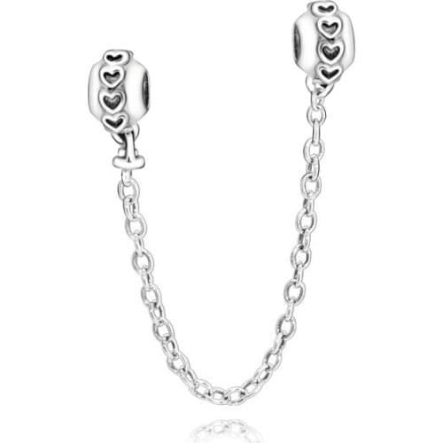 Wholesale 925 Sterling Silver Beads One Line Heart Safty Chain Fit Original Pandora Bracelets DIY Women Fashion Jewelry Gift