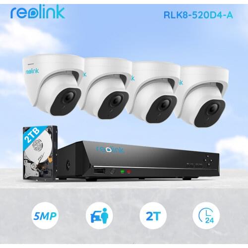 Reolink Smart POE NVR Kit 5MP Super HD 24/7 Recording 2TB HDD with Human/Car Detection Home Security System RLK8-520D4-A