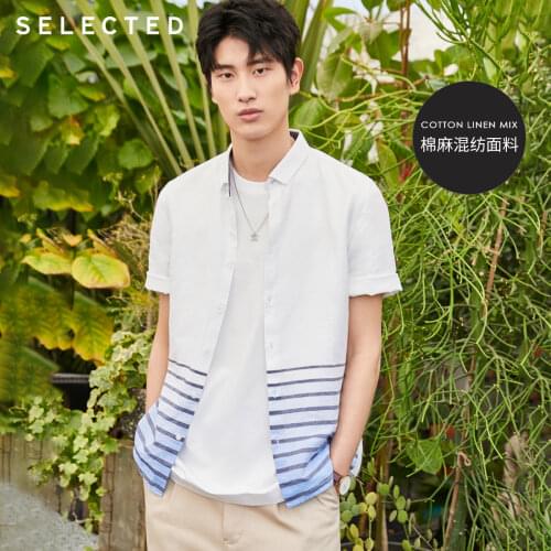 SELECTED Mens Summer Cotton & Linen Striped Slim Fit Casual Short-sleeved Shirt|420204514【+Store Coupon :10-2/15-4/25-6