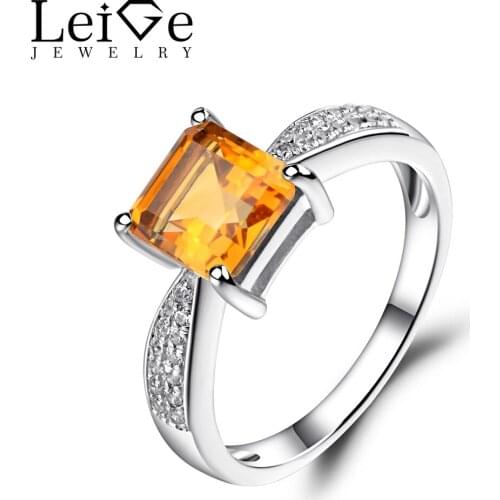 Leige Jewelry Citrnie Ring for Women Silver 925 Jewelry Yellow Crystal Engagement Promise Rings Square Cut Gemstone