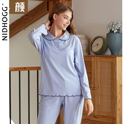 Womens Ruffled Long Sleeve Pajamas Knitted Modal Home Wear Turn-down Collar Sleepwear Women Two Piece Set Solid Sexy Nightwear