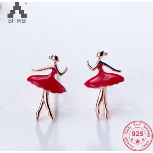 925 Sterling Silver Korean Red Skirt Ballet Girl Earrings Temperament Cute Little Girl Stud Earring Jewelry