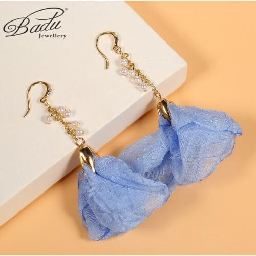 Badu New Fashion Long Flower Earrings Pearl Tassel Pendant Silk Yarn Jewelry 6 Color Temperament Accessories Gifts for Girls