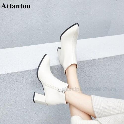 Real Leather Chunky Heeled Women Short Boots Pointed Toe Ladies Winter Ankle Booties 7cm Heeled Women Black White Boot