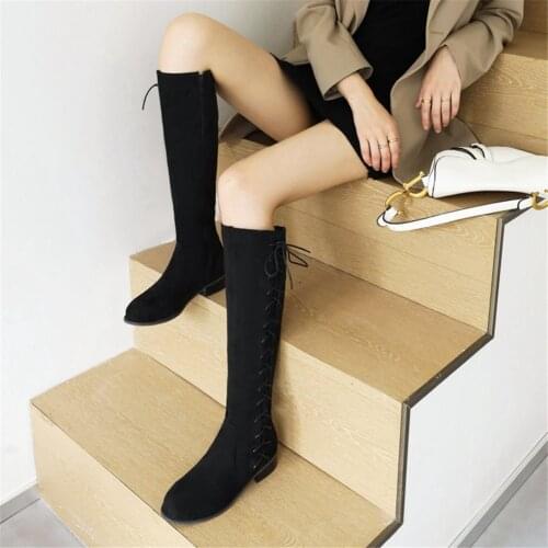 Female Western Boots Plataforma Mujer Flock Flock Square Heel Knee-High Boots Cross-tied Women Knee High Boots Shoes