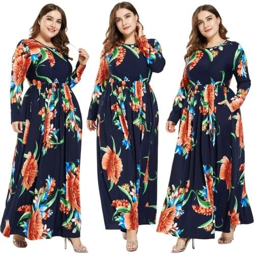 Muslim Women Printed Floral Long Sleeve Maxi Dress Abaya Kaftan Beach Jilbab Cocktail Party Islamic Robes Gown Plus Size XL-6XL