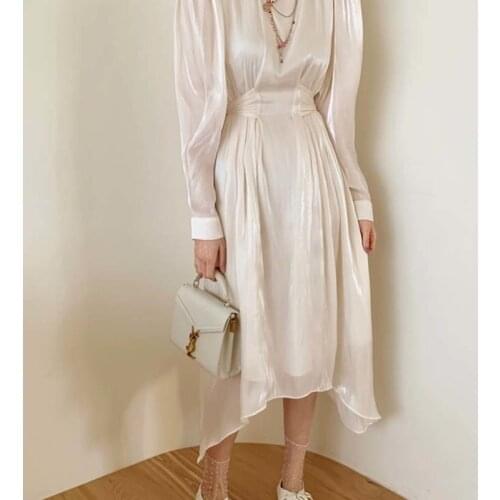 Wenfly Woman Clothes Beige O-Neck Long Sleeve Bandage Maxi Dress Elegant Korean Casual Loose Vestidos Dresses Female
