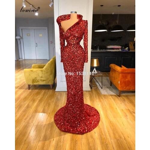 Muslim Formal Red Evening Dresses Long Crystals Sequins Evening Gowns Mermaid Prom Dresses Women Party Night Robe De Soiree