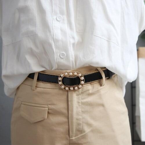 2021 Designer Latest Women Belts Fake Pearls Buckle PU Leather Strap Car Gold And Silver Rim Millet Beaded Dress Trousers Belt