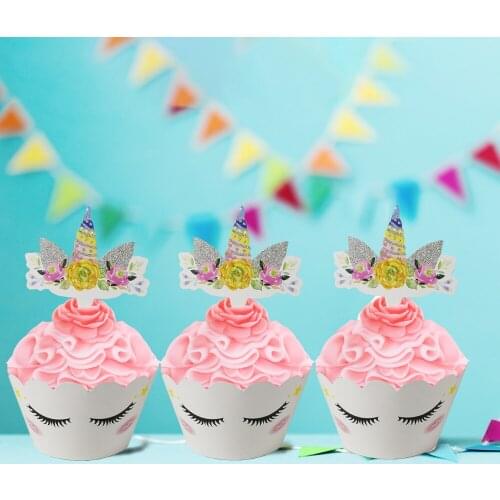 24pcs/set Unicorn Party Cupcake Toppers Wrappers Kids Birthday Party Decorations Wedding Baby Shower Dessert Cake Border Decor