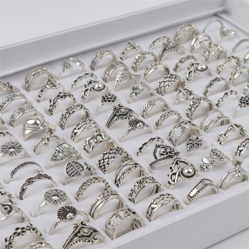 30pcs/lot Vintage Number Flowers Antique Silver Color Metal Rings For Women Men Mix Style Party Gifts Jewelry Wholesale