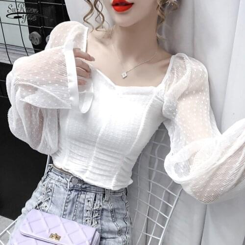 Square Collar Pleated Chiffon Blouse Women Autumn 2021 New Vintage Puff Sleeve Top Casual Sexy Short White Shirt Women 12071