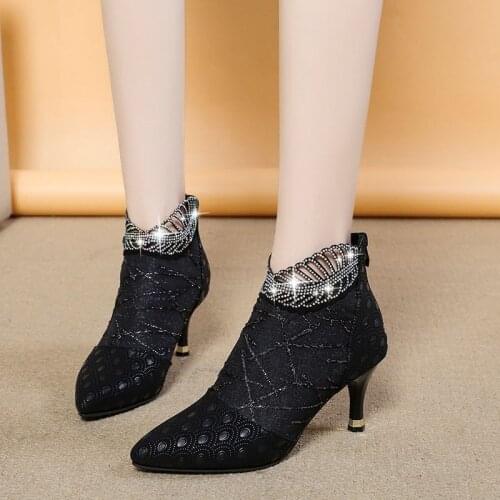 Lucyever Shiny Crystal Thin High Heels Boots Women 2020 Sexy Pointed Toe Pu Leather Woman Ankle Boots Rhinestone Shoes Ladies
