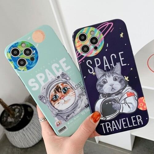 Cute Cat Astronaut Planet Phone Case For iPhone 11 12 Pro Max X Xr Xs Max 12 Mini SE2 7 8 Plus Soft IMD Shockproof Shell Housing