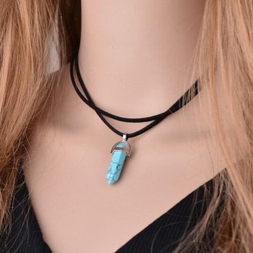 Women Vintage Crystal Bullet Natural Stone Quartz Necklace Pendant Choker Rope Chain Jewelry Bijoux