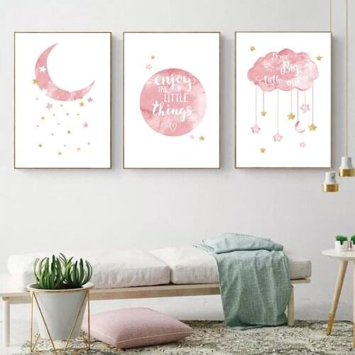 Nordic Children Poster Pink Moon Cloud Watercolor Canvas Painting Art Print Nursery Wall Art Picture Home Decoration BabyBedroom