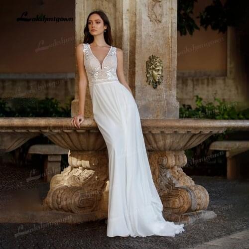 Elegant Boho A Line Bridal Dress 2021 Sexy V-neck Applique Lace Backless Chiffon Wedding Gowns with Sweep Train vestido de novia
