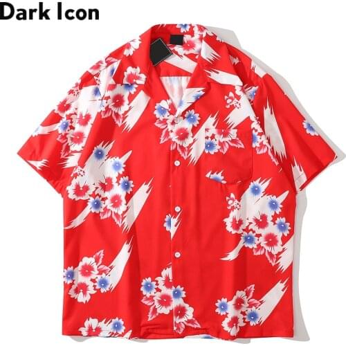 Dark Icon Floral Red Hawaiian Shirt Summer Cube Collar Vintage Mens Polo Shirt Streetwear Clothing
