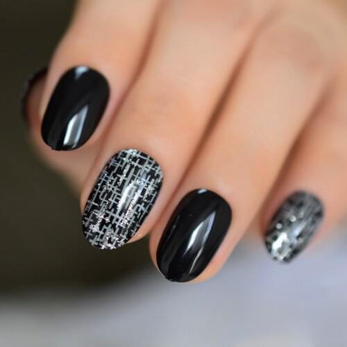 Black Pre-designed Glitter Artificial Nails Oval Short Gray Shiny Fake Nail Smooth Sexy Lady False Nail