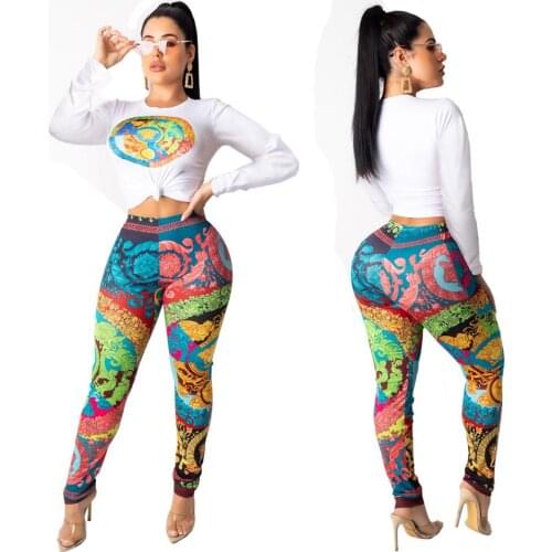 Two Piece Sets Women Set New Fashion Tracksuits 2019 Print Casual Long Sleeve Top Long Pants Pencil Elastic Women 2 Piece Set