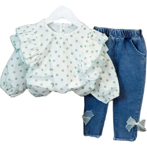 2021 Hot Clothes For Kid Baby Girl Outfit Set Dot Pleated Lace Collar + Long Denim Bows Trousers Children Clothing