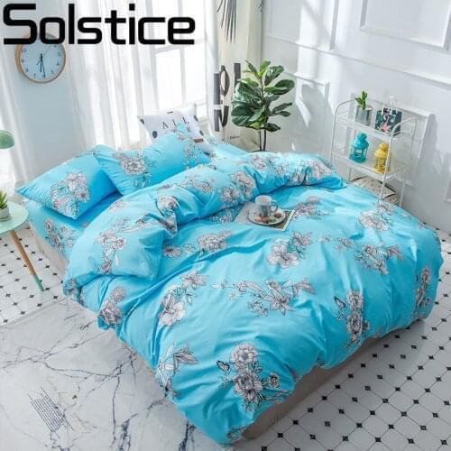 Solstice Home Textile Girl Kid Bedding Set Flower Blue Duvet Cover Pillowcase Bed Sheet Woman Adult Linen King Couple Bedclothes