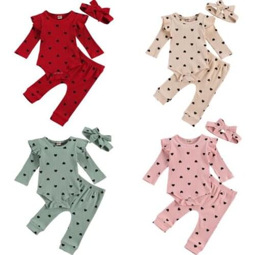 Newborn Baby Ribbed Suit Girl Boy Heart Print Crew Neck Lace Long Sleeve Tops Long Pants Hairband Baby Clothing Sleepwear