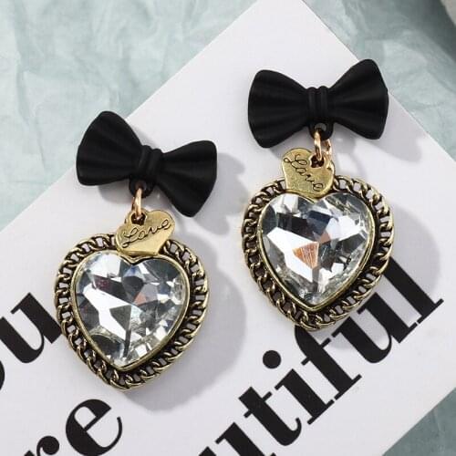 Fashion Vintage Crystal Earring Black Bowknot Heart Drop Earrings For Women Vintage Statement Dangle Earring Brincos Jewelry