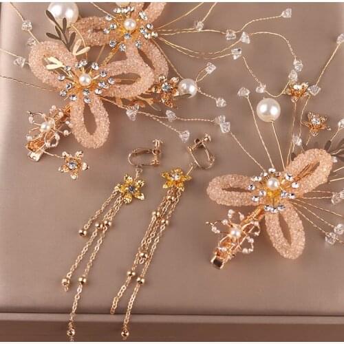 Hair Accessories Earrings set Woven Handmade Diamond Pearl Flowers Wedding Jewelry Gifts for Girls d88