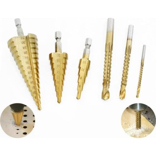 6PCS HSS Steel Titanium Step Drill Bit Set 4-12 20 32mm Metal Hole Cutter Wood Cone Core Drilling Hole Saw Tool+3 6 8 Saw Drill