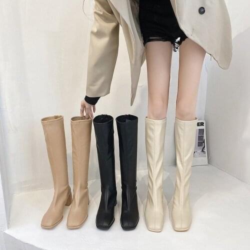2021 New Winter Style with Fleece Medium Chunky Heel Knight Boots Womens High Tube Thinner-looked High Heel Shorty Long Boots
