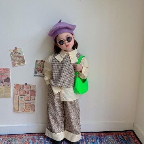2021 Autumn New Girls' Baby Plaid Korean Style Fashionable Top Pants Three-Piece Suit