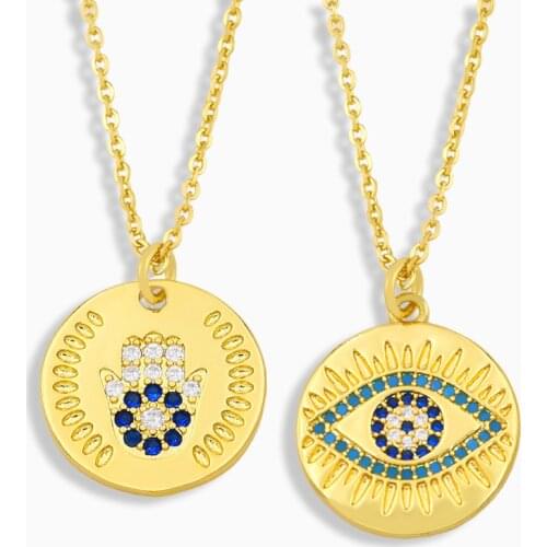 FLOLA Gold Vermeil Evil Eye Necklace For Women Hamsa Fatima Hand Pendant Necklace CZ Pave Zirconia Protection Jewelry nkeu23