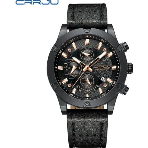 Luxury Leather Band CRRJU 2156 Mens Watch Chronograph Water Resist Watches Men Classic Business Wristwatches Reloj Hombre