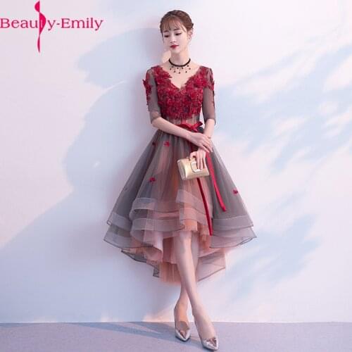 Sexy V Neck Half Sleeve Lace Women Evening Dress Fashion Hi Low Appliques Gradient Burgundy Lace Up Back Formal Party Dress