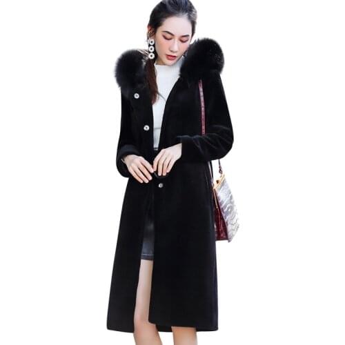 YOLANFAIRY Genuine Fur Coat Women Winter Warm Thick Sheep Shearing Fox Fur Collar Hooded Jackets Luxury OT1744 MF535
