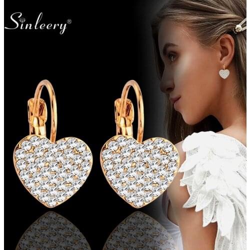 SINLEERY Shiny Full Rhinestone Heart Earrings For Women Gold Color Hoop Earring Wedding Jewelry Es720 SSP