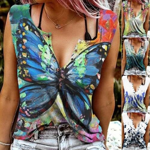 Womens Fashion V-neck Sexy Bowknot Printed Top Summer Casual Digital Print Pullover Vest Loose Large Size Sleeveless T-shirt