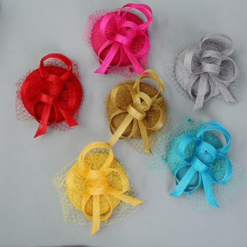 European Red Yellow Sinamay Fascinator Hat Hair Clip For Women Dot Veil Face Mesh Bride Headwear Church Party Women Headpieces
