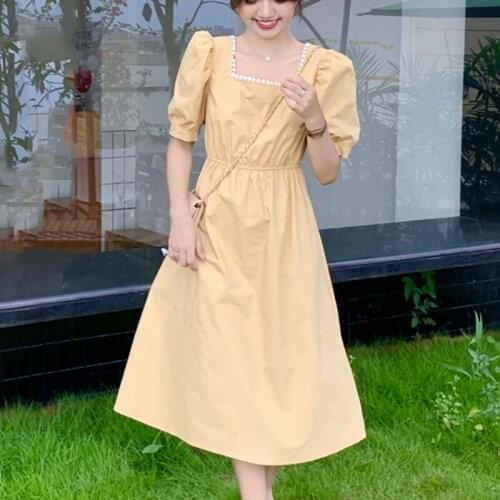 Japanese Yellow Kawaii Sweet Dress Women 2021 Summer Puff Sleeve Design Slim Elegant Dress High Waist Holiday Midi Casual Dress