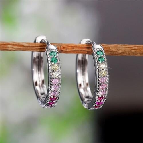 Huitan Bright Multi Color CZ Circle Earrings Hoops Silver Color Simple Stylish Women Earrings Wedding Engagement Party Jewelry