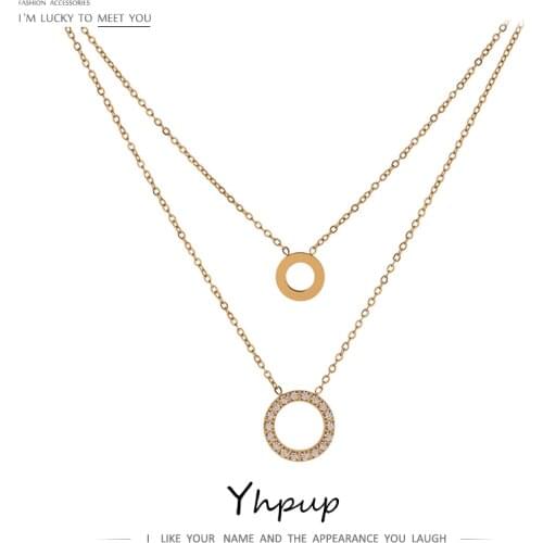 Yhpup New Stainless Steel брелок Exquisite Round Hollow Layered Chain Necklace Delicate Shiny Cubic Zirconia Choker Necklace