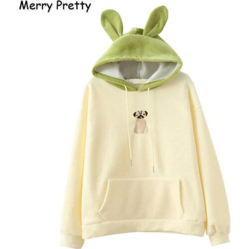 Merry Pretty Women’s Cartoon Dog Embroidery Hoodies Sweatshirts With Ears On Hood 2020 Winte Plus Velvet Cute Hooded Pullovers