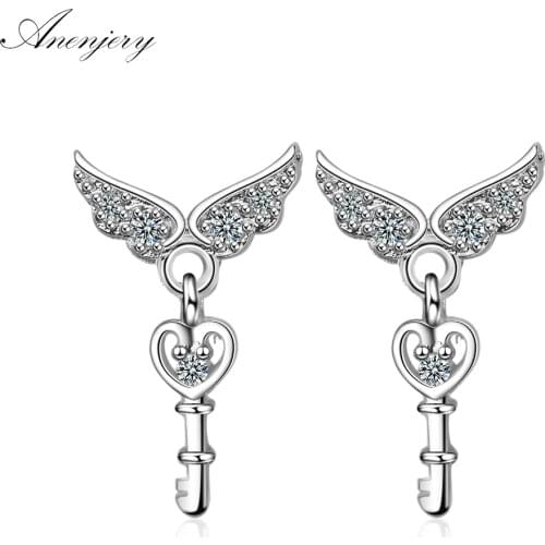 ANENJERY 925 Sterling Silver Simple Angel Wings Shape Key Zircon Earrings For Women Earrings S-E718