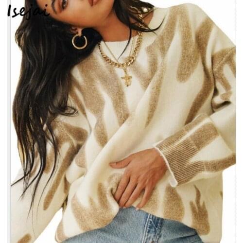 Striped Print Long Pullover Women O-Neck Loose Elegant Sweaters Knitted Pullover Streetwear Autumn Winter