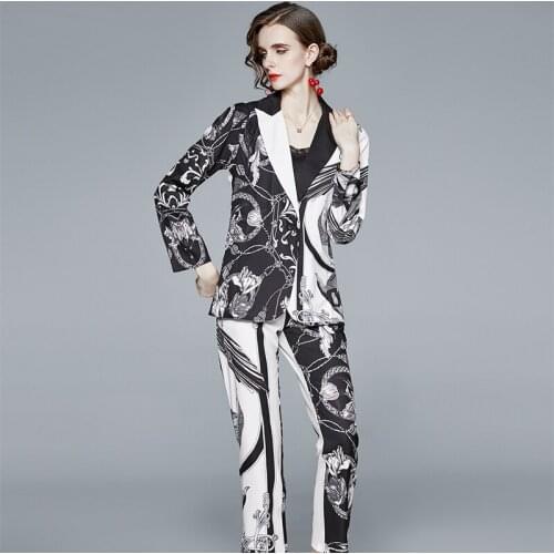 Vintage Style Print Womens 2 Piece Set Black and White Office Lady Business Notched Collar Full Sleeve Blazer Pants Suit