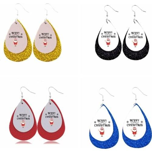 2020 Faux Leather Earrings Australian Merry Christmas Cool Santa Classic Two Layers Glitter