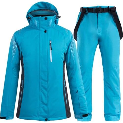 -30 Blue Pure Colors Womens and Mens Snow Suit Wear Snowboard Clothing Winter Waterproof Costumes Ski Sets Jacket + Belt Pant