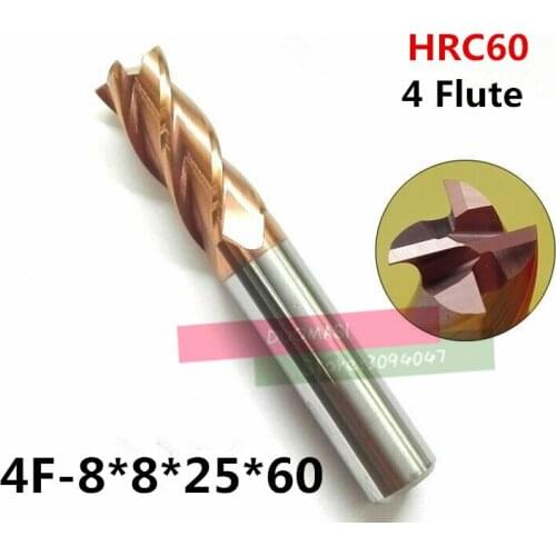 4f-8.0*8*25*60,hrc60,carbide End Mills,tungsten Carbide Square Flatted End Mill,4 Flute,coating:nano, Length
