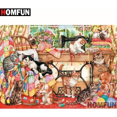 HOMFUN Full Square/Round Drill 5D DIY Diamond Painting "Cat sewing machine" Embroidery Cross Stitch 5D Home Decor Gift A18134